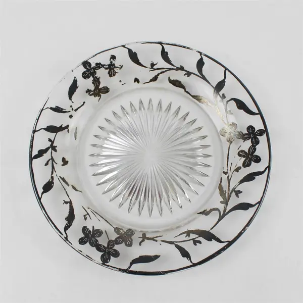 Vintage Etched Glass Plate Starburst & Floral Edge 7.5in Collector