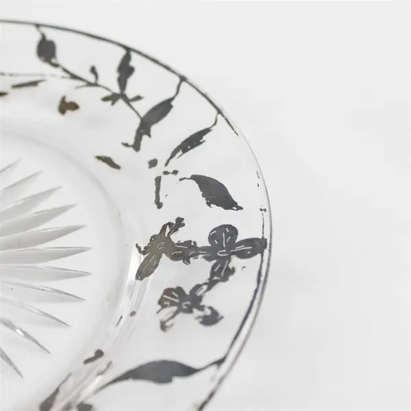 Vintage Etched Glass Plate Starburst & Floral Edge 7.5in Collector