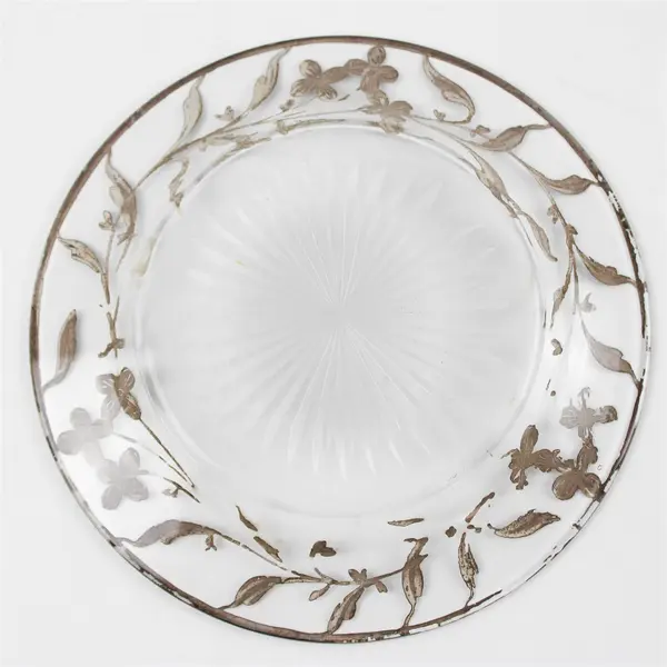 Vintage Etched Glass Plate Starburst & Floral Edge 7.5in Collector