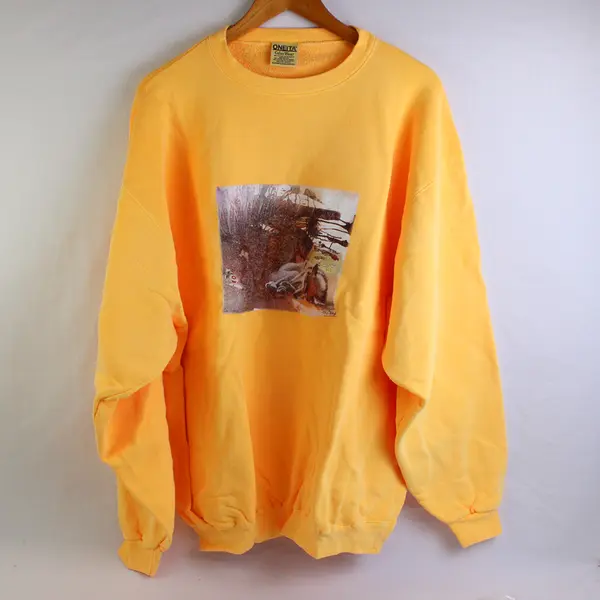 NWOT Vtg Oneita Adult XL Yellow Sleeping Wolf Graphic Pullover Sweater