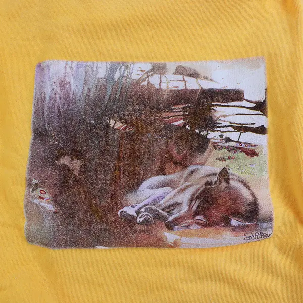 NWOT Vtg Oneita Adult XL Yellow Sleeping Wolf Graphic Pullover Sweater