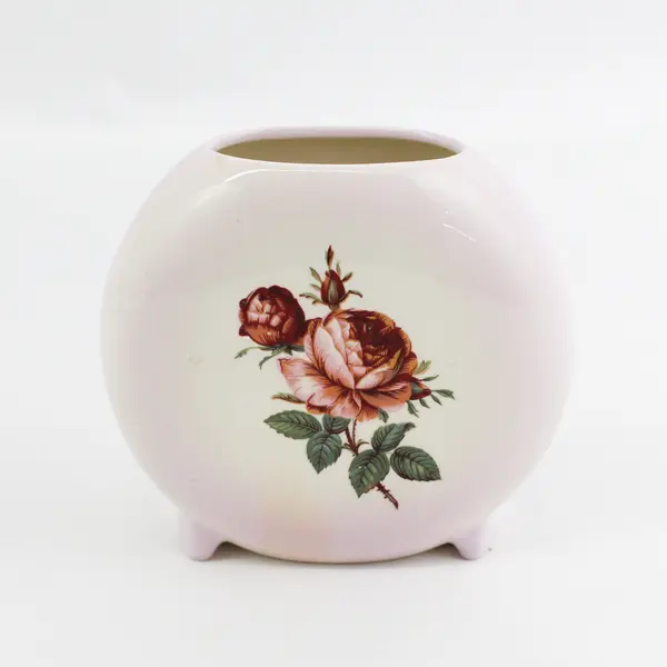Vintage Hand-Painted Beige Ceramic Footed Flower Vase