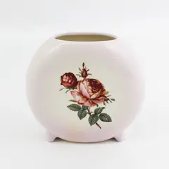 Vintage Hand-Painted Beige Ceramic Footed Flower Vase