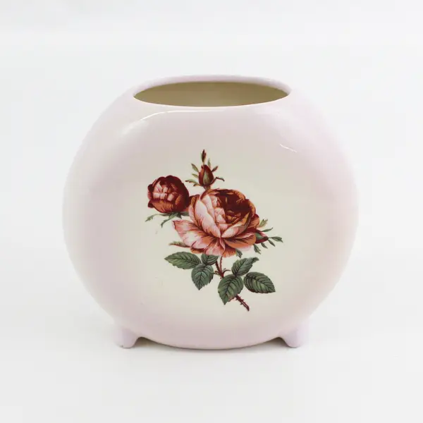 Vintage Hand-Painted Beige Ceramic Footed Flower Vase