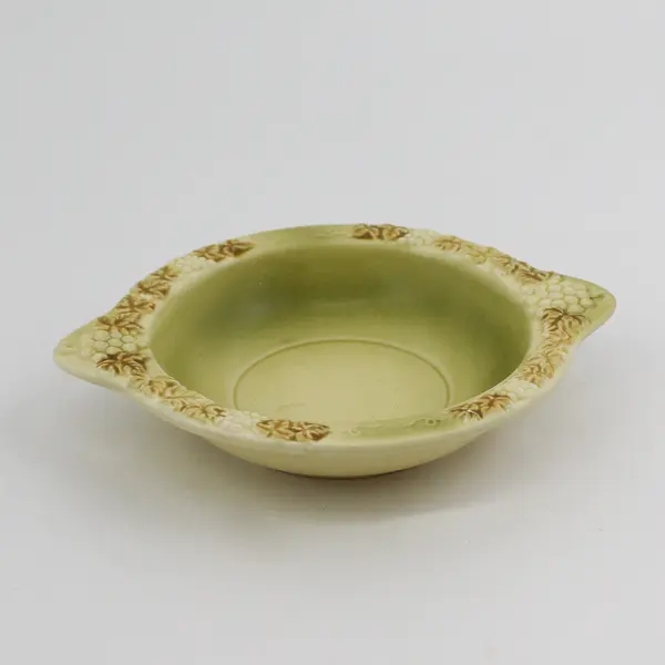 Vintage Yellow Ceramic Fruit Bowl With Handles Brown Grapevine Pattern