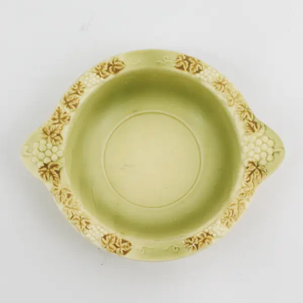 Vintage Yellow Ceramic Fruit Bowl With Handles Brown Grapevine Pattern