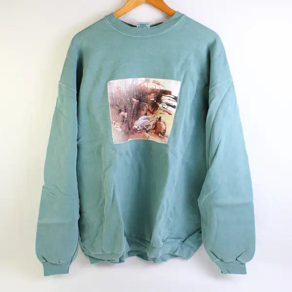 NWOT Vtg Oneita Adult XL Green Sleeping Wolf Graphic Crew Neck Pullover Sweater