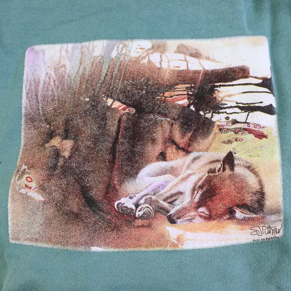 NWOT Vtg Oneita Adult XL Green Sleeping Wolf Graphic Crew Neck Pullover Sweater