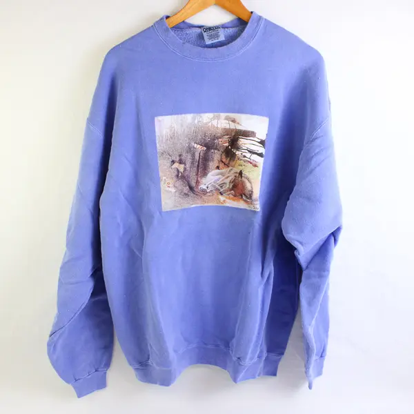 NWOT Vtg Oneita Adult XL Lilac Sleeping Wolf Graphic Crew Neck Pullover Sweater