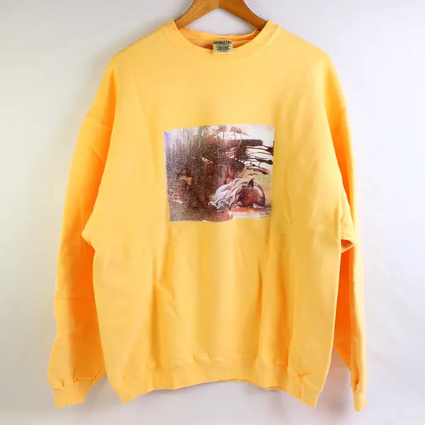 NWOT Vtg Oneita Adult XL Yellow Sleeping Wolf Graphic Pullover Sweatshirt