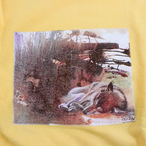 NWOT Vtg Oneita Adult XL Yellow Sleeping Wolf Graphic Pullover Sweatshirt