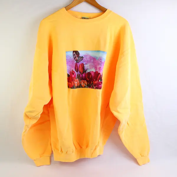 NWOT Vtg Oneita Adult XL Yellow Floral Graphic Crew Neck Pullover Sweater