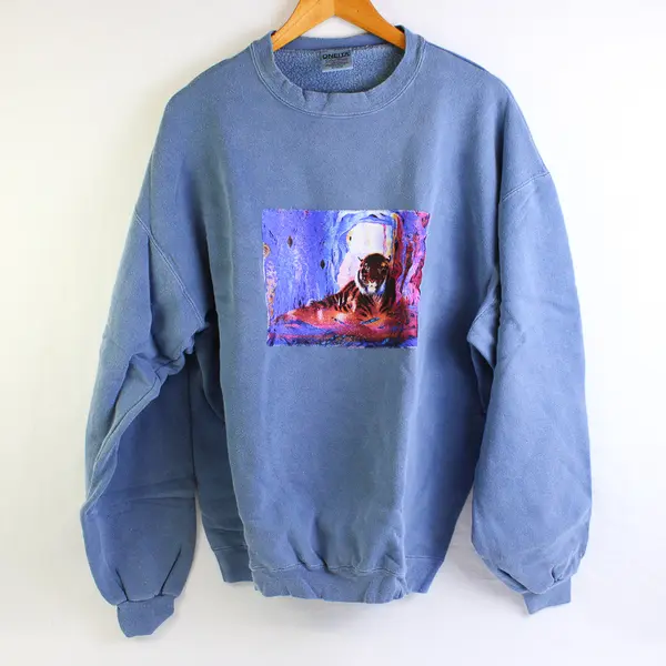 NWOT Vtg Oneita Adult XL Blue Tiger Graphic Crew Neck Pullover Sweater