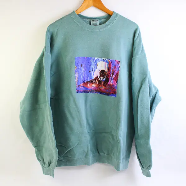 NWOT Vtg Oneita Adult XL Green Tiger Graphic Crew Neck Pullover Sweater