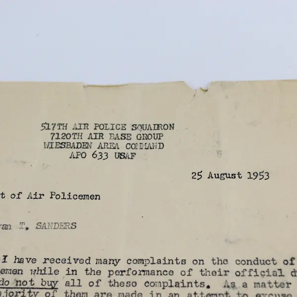 517th Air Police Squadron Conduct Of Air Policemen Letter 1953 Wiesbaden Area 
