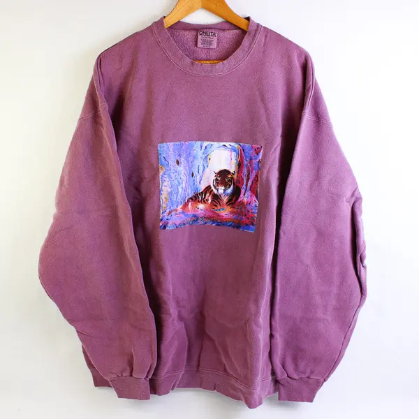 NWOT Vtg Oneita Adult XL Purple Tiger Graphic Crew Neck Pullover Sweater