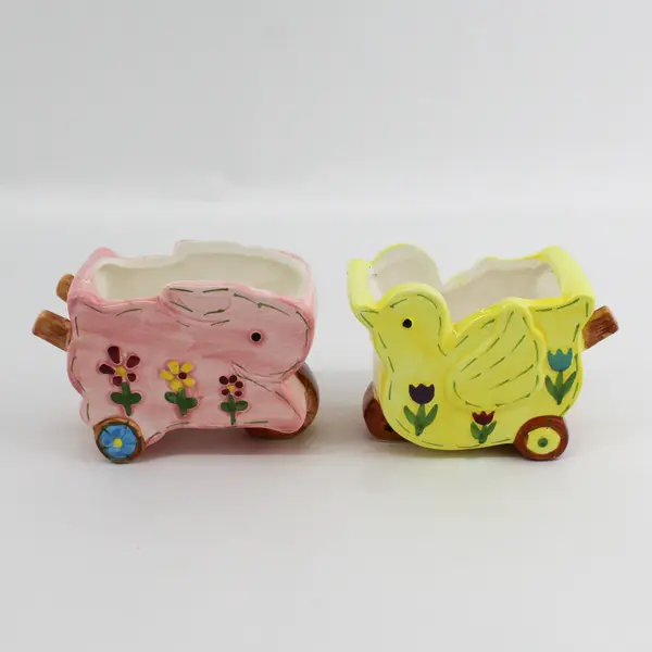 Vintage Hand Painted Ceramic Bunny Rabbit and Chick Wheelbarrow Planters 4 x 5"