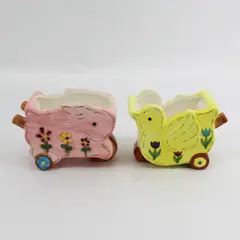 Vintage Hand Painted Ceramic Bunny Rabbit and Chick Wheelbarrow Planters 4 x 5"