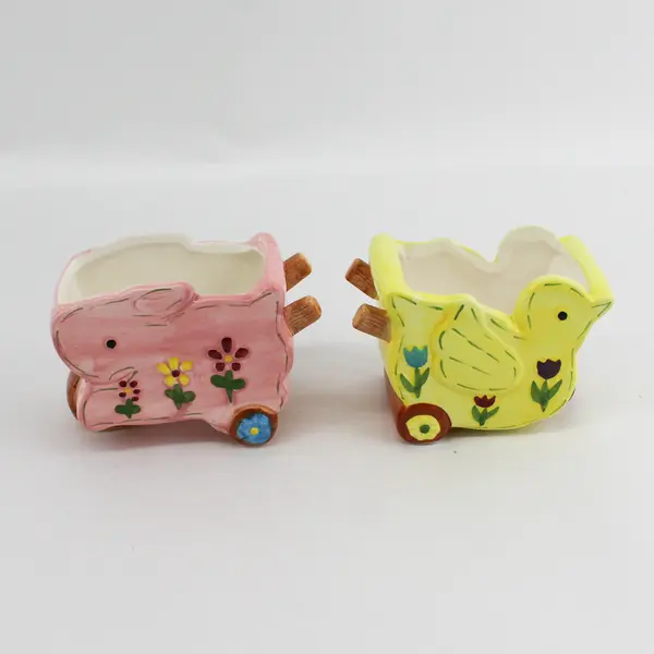 Vintage Hand Painted Ceramic Bunny Rabbit and Chick Wheelbarrow Planters 4 x 5"