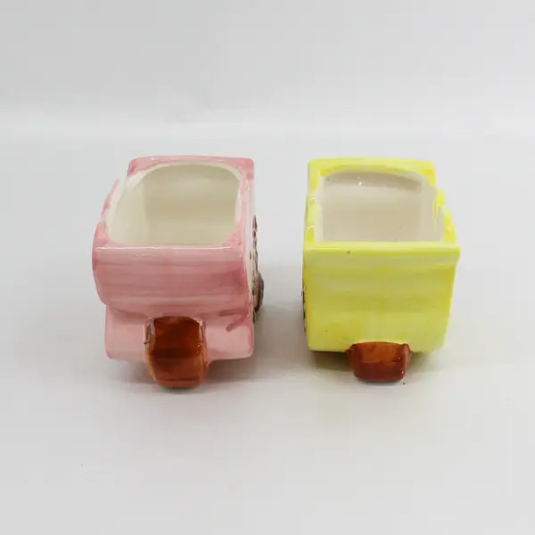 Vintage Hand Painted Ceramic Bunny Rabbit and Chick Wheelbarrow Planters 4 x 5"