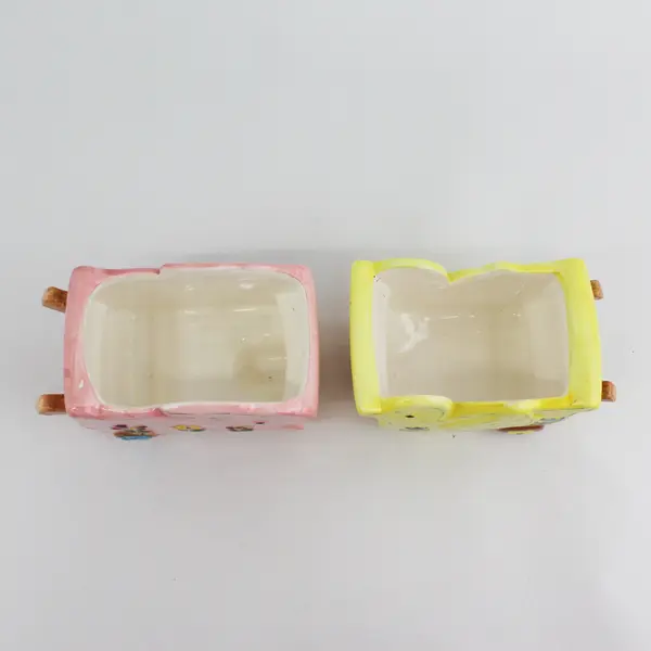 Vintage Hand Painted Ceramic Bunny Rabbit and Chick Wheelbarrow Planters 4 x 5"