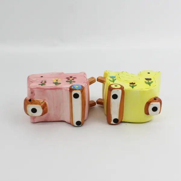 Vintage Hand Painted Ceramic Bunny Rabbit and Chick Wheelbarrow Planters 4 x 5"