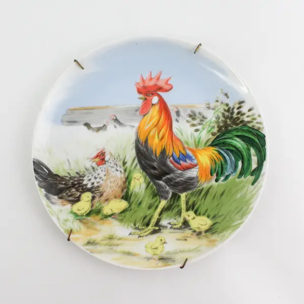 Vintage Hand Painted Porcelain Rooster, Hen And Chicks Plate Japan 8"