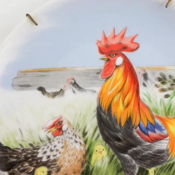 Vintage Hand Painted Porcelain Rooster, Hen And Chicks Plate Japan 8"