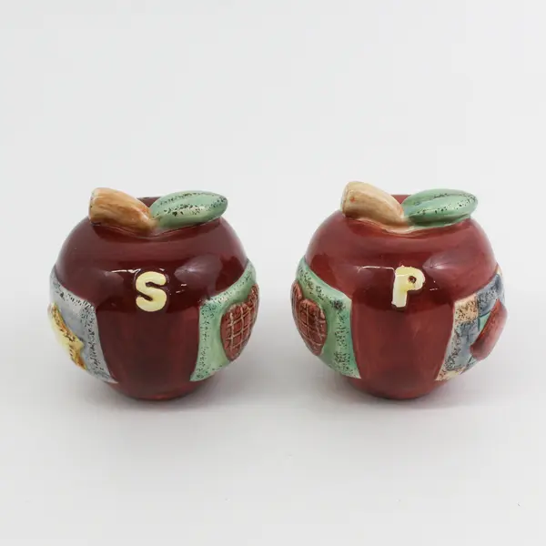 Red Apple Ceramic Salt & Pepper Shakers Embossed With Square Patches With Shapes