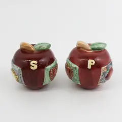Red Apple Ceramic Salt & Pepper Shakers Embossed With Square Patches With Shapes