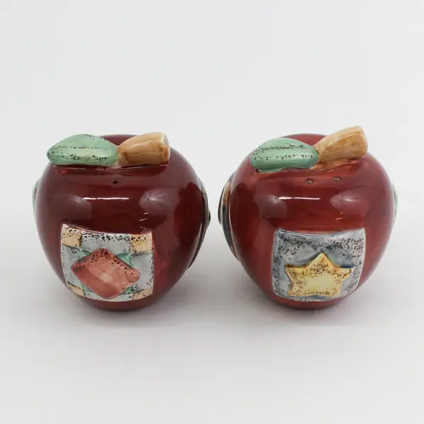 Red Apple Ceramic Salt & Pepper Shakers Embossed With Square Patches With Shapes