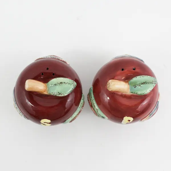 Red Apple Ceramic Salt & Pepper Shakers Embossed With Square Patches With Shapes