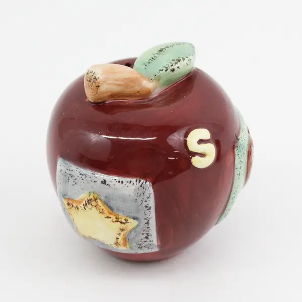Red Apple Ceramic Salt & Pepper Shakers Embossed With Square Patches With Shapes