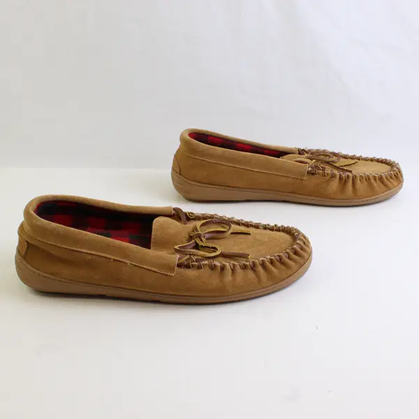 Guide Gear Men's Size 11 Brown Leather with Plaid Insole Moccasin Slippers