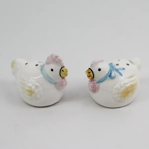 White Ceramic Rooster and Hen Salt & Pepper Shakers With Blue Ribbons