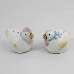 White Ceramic Rooster and Hen Salt & Pepper Shakers With Blue Ribbons