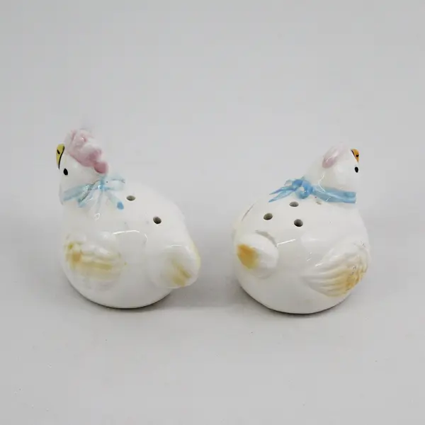 White Ceramic Rooster and Hen Salt & Pepper Shakers With Blue Ribbons