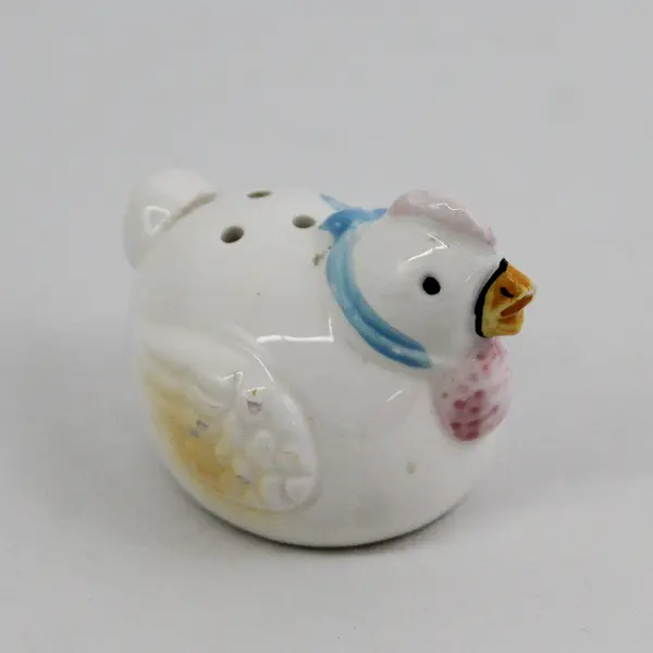 White Ceramic Rooster and Hen Salt & Pepper Shakers With Blue Ribbons