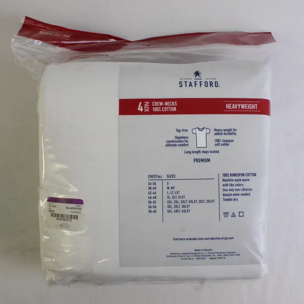 Stafford 4-Pack Men's XXL Heavy Weight White 100% Cotton Crew-Neck T-Shirt New