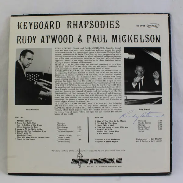 Rudy Atwood & Paul Mickelson Keyboard Rhapsodies 12" Vinyl Record