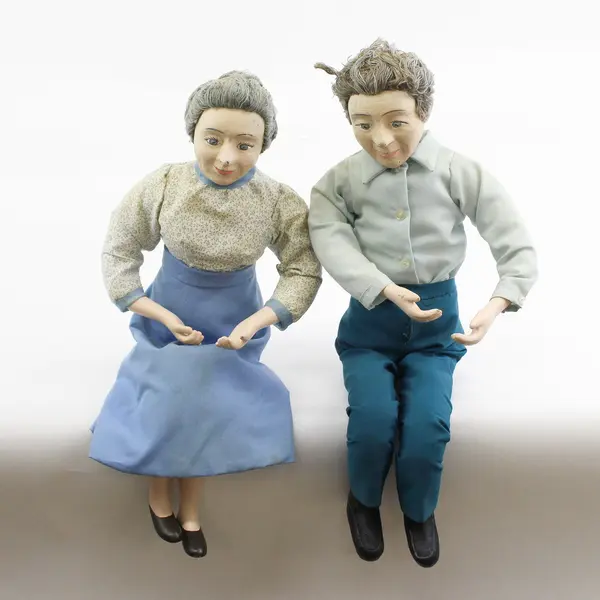 Pair Of Vintage Porcelain And Cloth Shelf Sitter Dolls