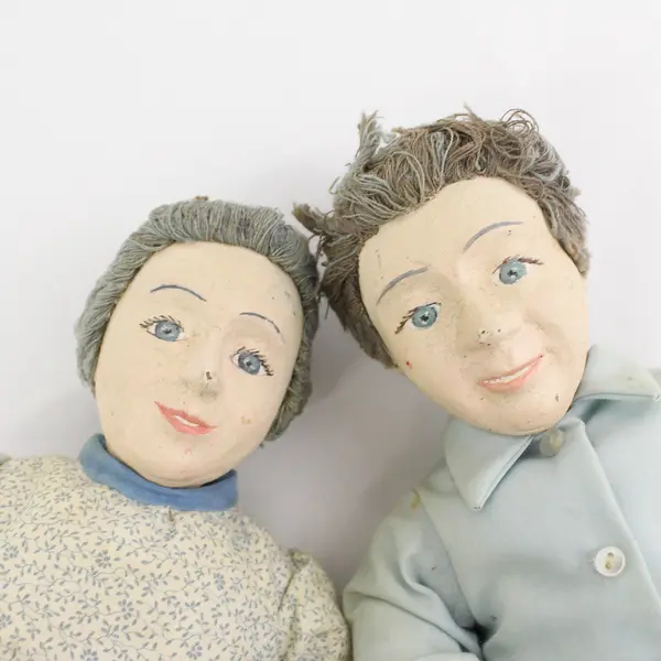 Pair Of Vintage Porcelain And Cloth Shelf Sitter Dolls