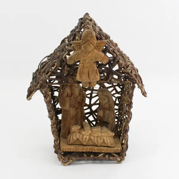 Unique Woven Twig And Hand Carved Wood Nativity Holy Family and Angel
