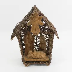 Unique Woven Twig And Hand Carved Wood Nativity Holy Family and Angel