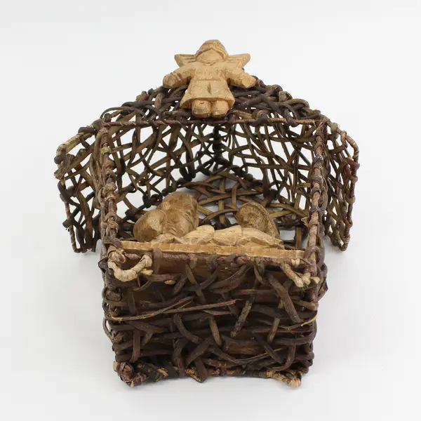 Unique Woven Twig And Hand Carved Wood Nativity Holy Family and Angel