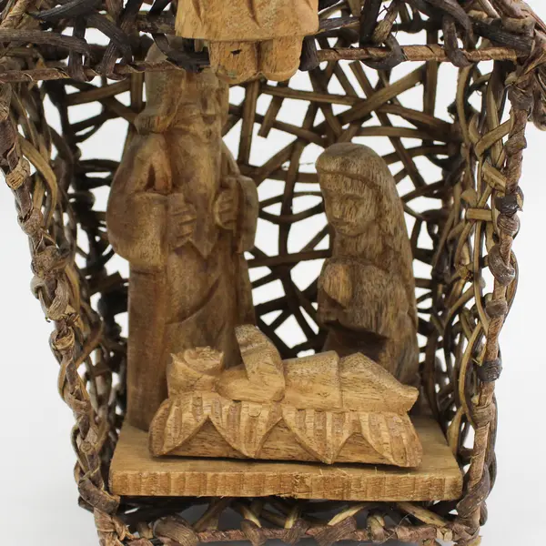 Unique Woven Twig And Hand Carved Wood Nativity Holy Family and Angel