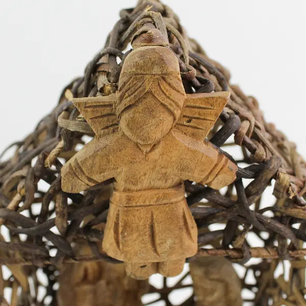 Unique Woven Twig And Hand Carved Wood Nativity Holy Family and Angel