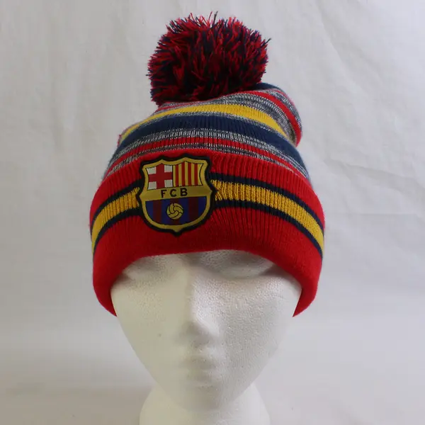 FC Barcelona Embroidered Multicolor Pom Beanie Hat One Size