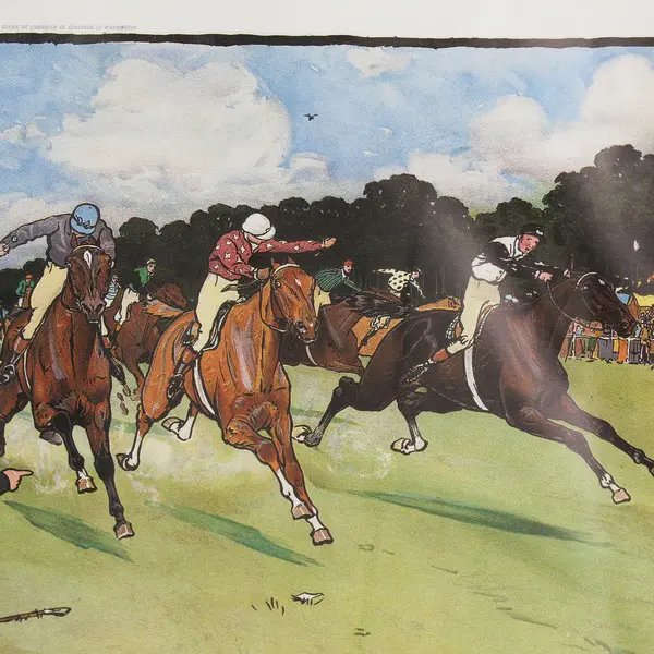 1901 Cecil Alden Framed And Matted Lithograph The Bluemarket Races the Finish