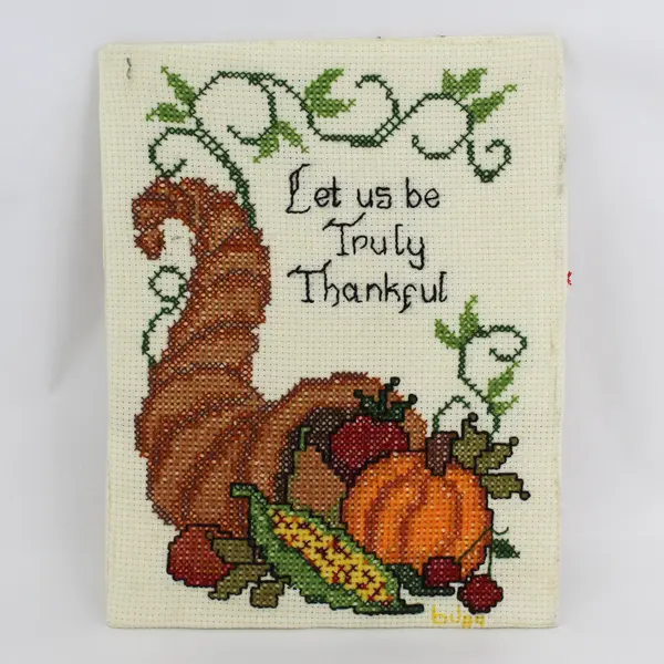 1984 Let Us Be Truly Thankful Needlepoint Mounted  On Cardboard Signed 16" x12"